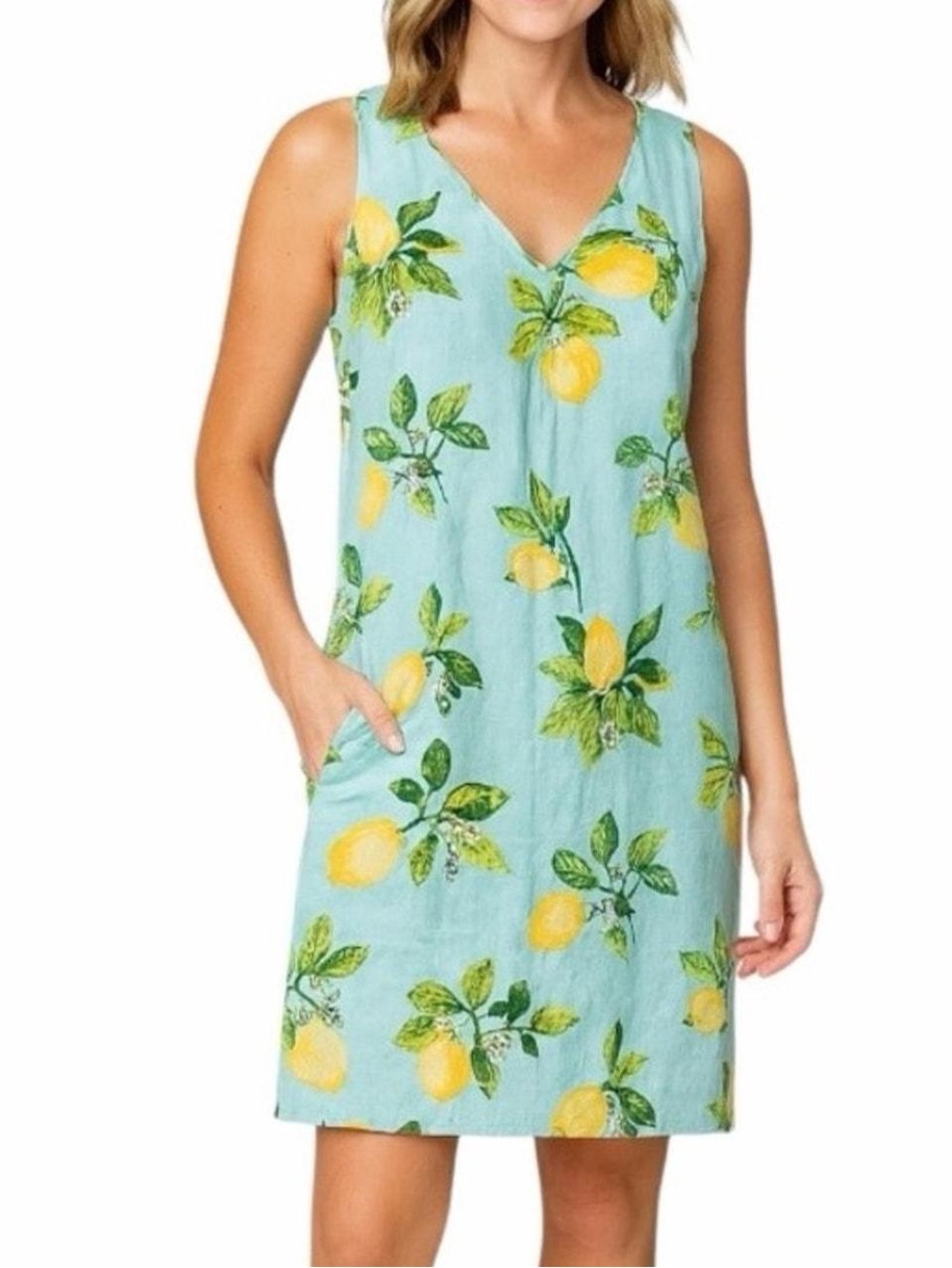 J Jill blue lemon print linen dress medium